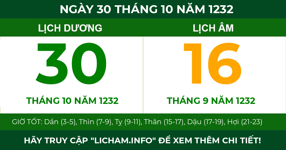 lịch âm ngày 30 tháng 10 năm 1232
