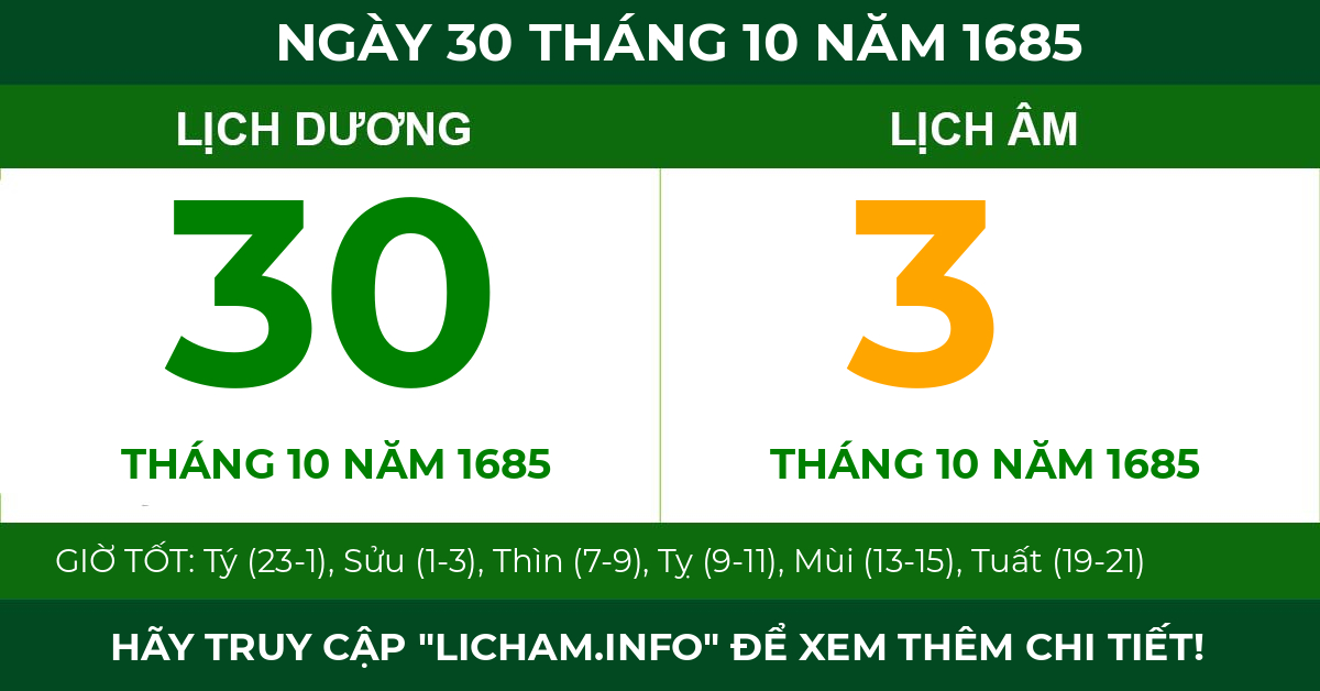 lịch âm ngày 30 tháng 10 năm 1685