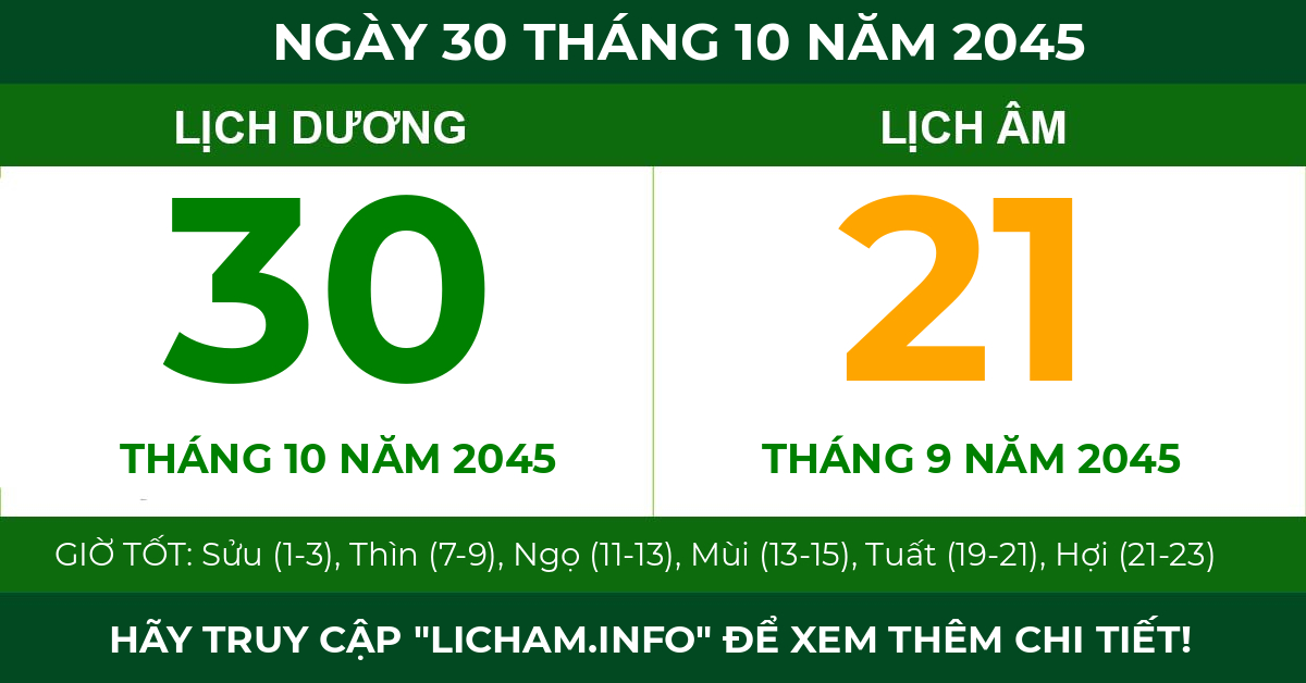 lịch âm ngày 30 tháng 10 năm 2045