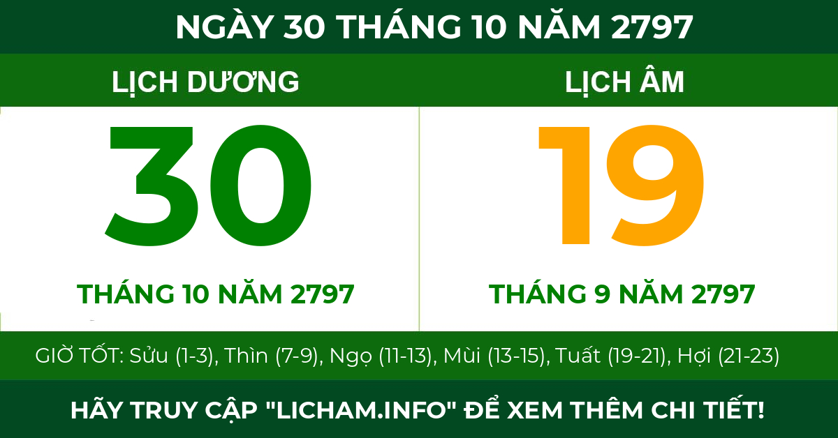 lịch âm ngày 30 tháng 10 năm 2797