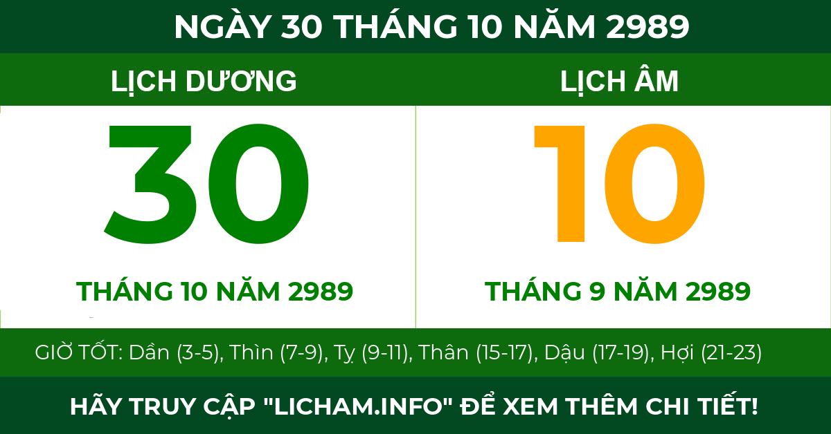 lịch âm ngày 30 tháng 10 năm 2989
