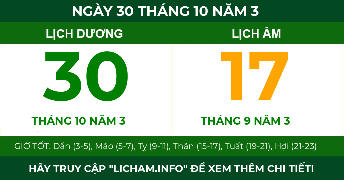 lịch âm ngày 30 tháng 10 năm 3