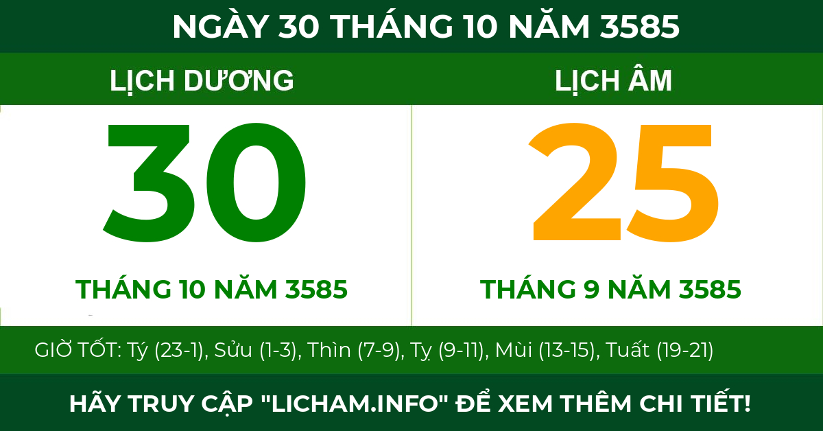 lịch âm ngày 30 tháng 10 năm 3585