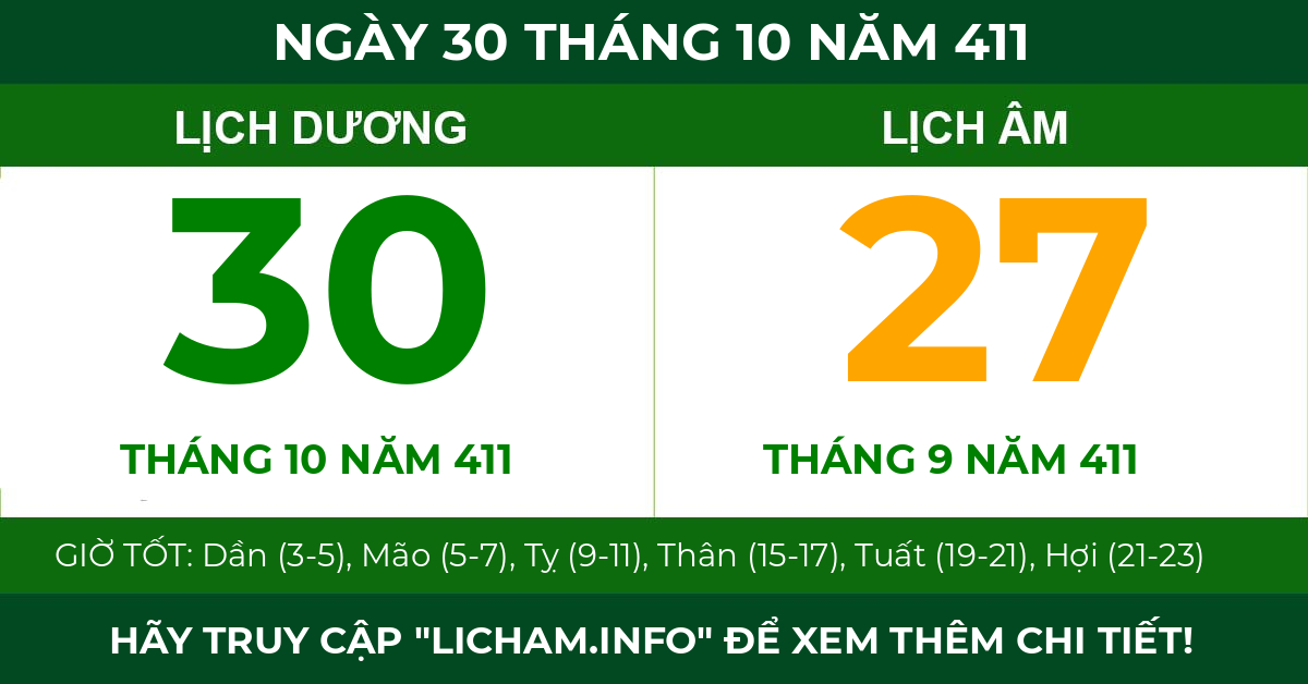 lịch âm ngày 30 tháng 10 năm 411