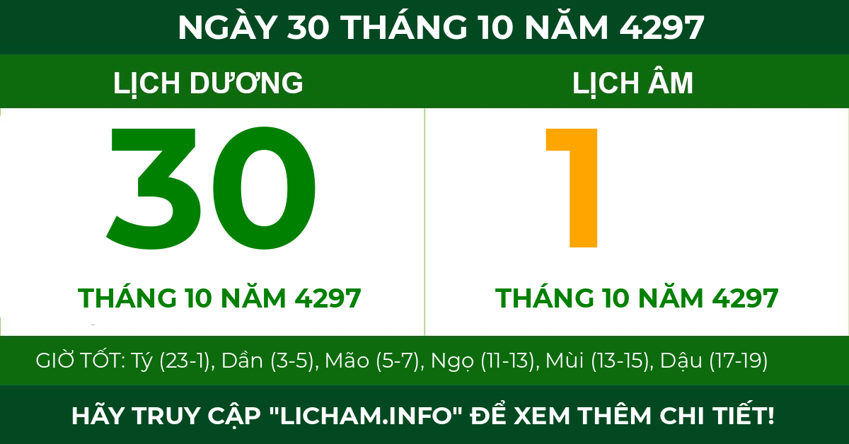 lịch âm ngày 30 tháng 10 năm 4297