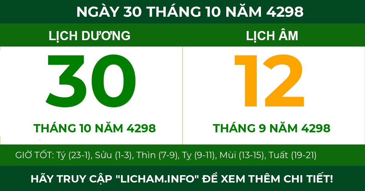 lịch âm ngày 30 tháng 10 năm 4298