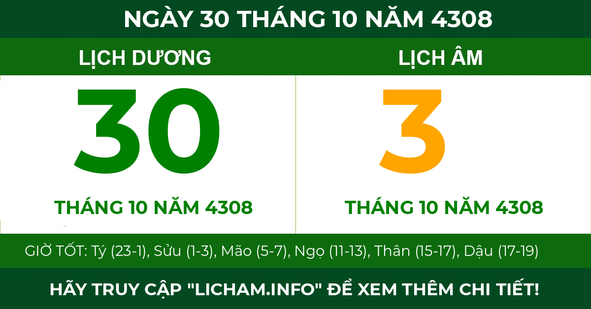 lịch âm ngày 30 tháng 10 năm 4308