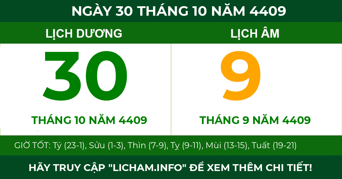 lịch âm ngày 30 tháng 10 năm 4409