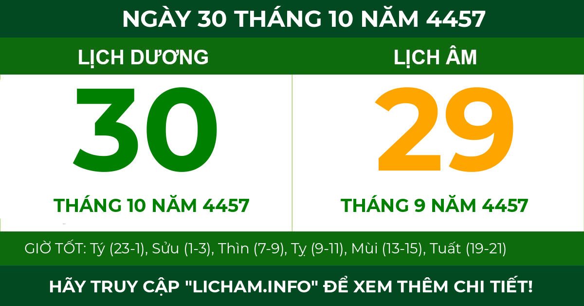 lịch âm ngày 30 tháng 10 năm 4457