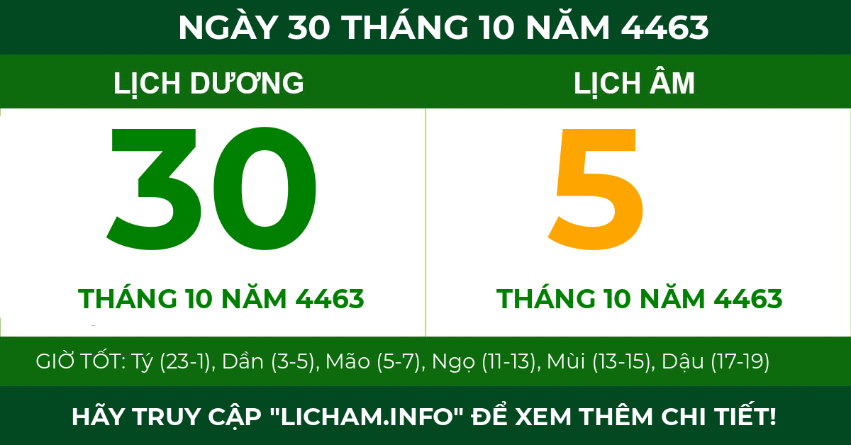 lịch âm ngày 30 tháng 10 năm 4463