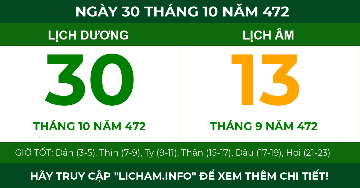 lịch âm ngày 30 tháng 10 năm 472