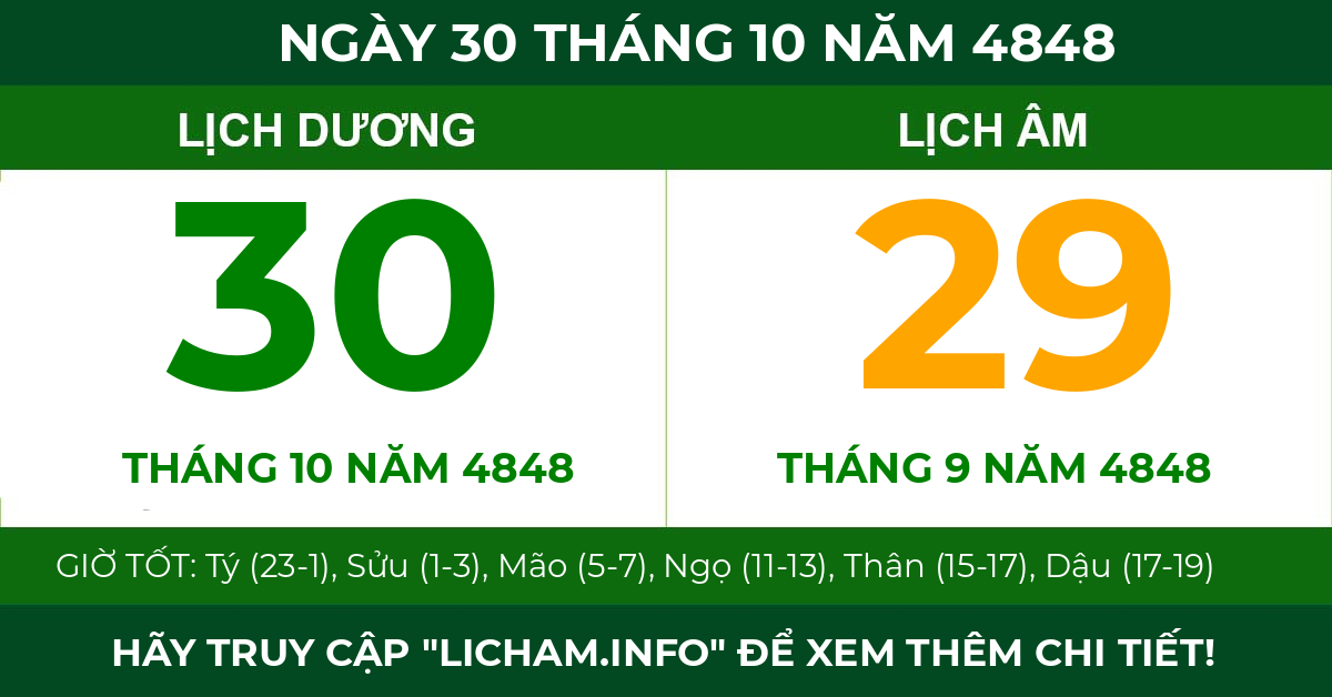 lịch âm ngày 30 tháng 10 năm 4848