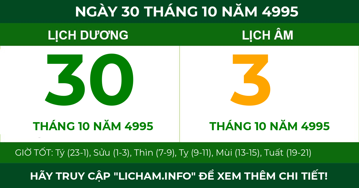 lịch âm ngày 30 tháng 10 năm 4995