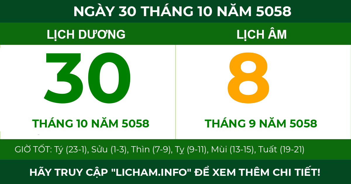 lịch âm ngày 30 tháng 10 năm 5058