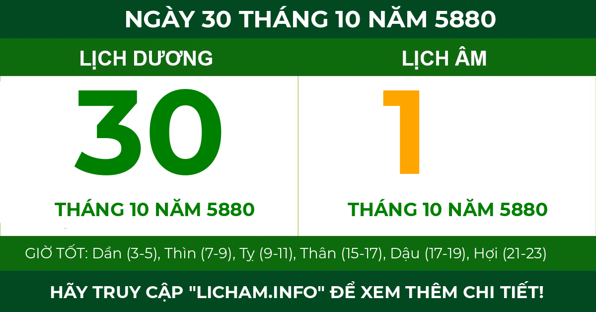 lịch âm ngày 30 tháng 10 năm 5880