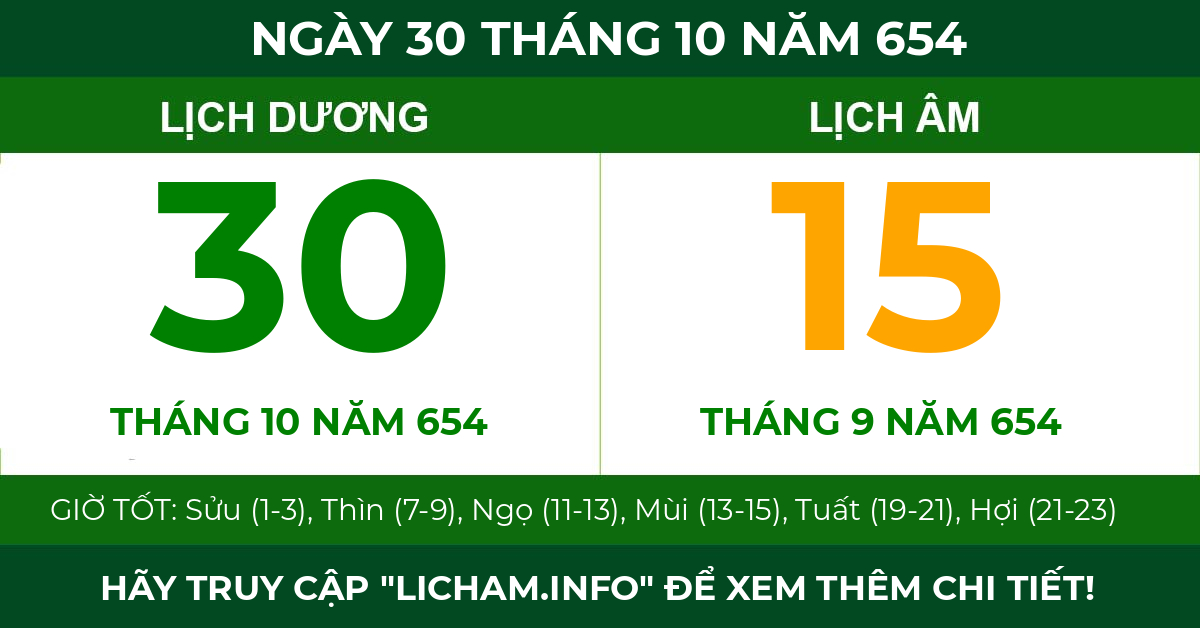 lịch âm ngày 30 tháng 10 năm 654