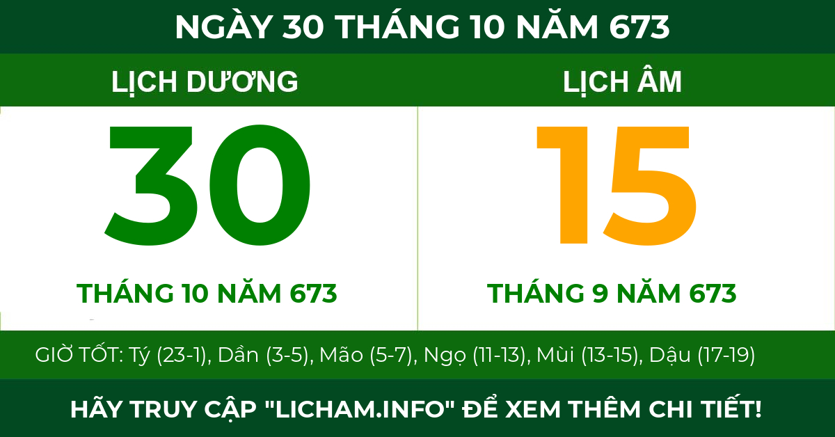 lịch âm ngày 30 tháng 10 năm 673