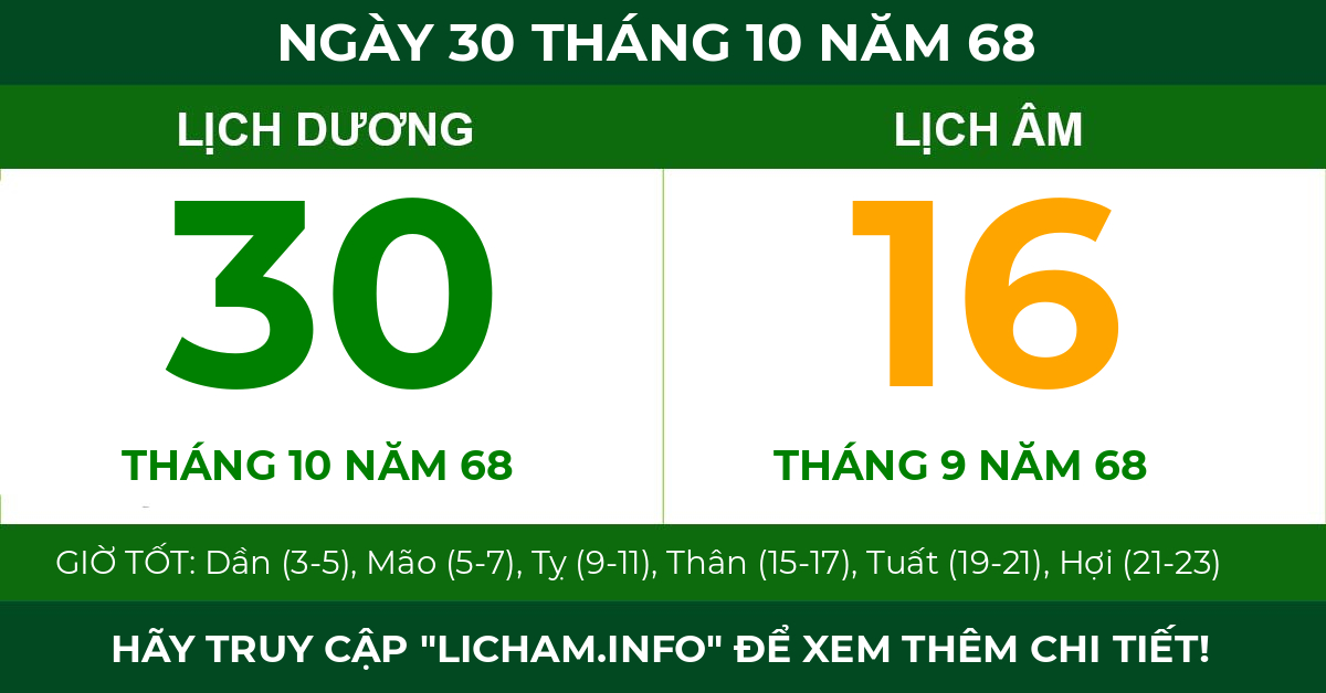 lịch âm ngày 30 tháng 10 năm 68