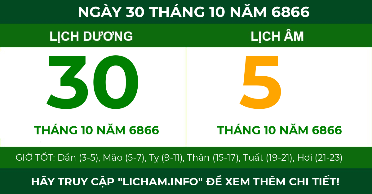 lịch âm ngày 30 tháng 10 năm 6866