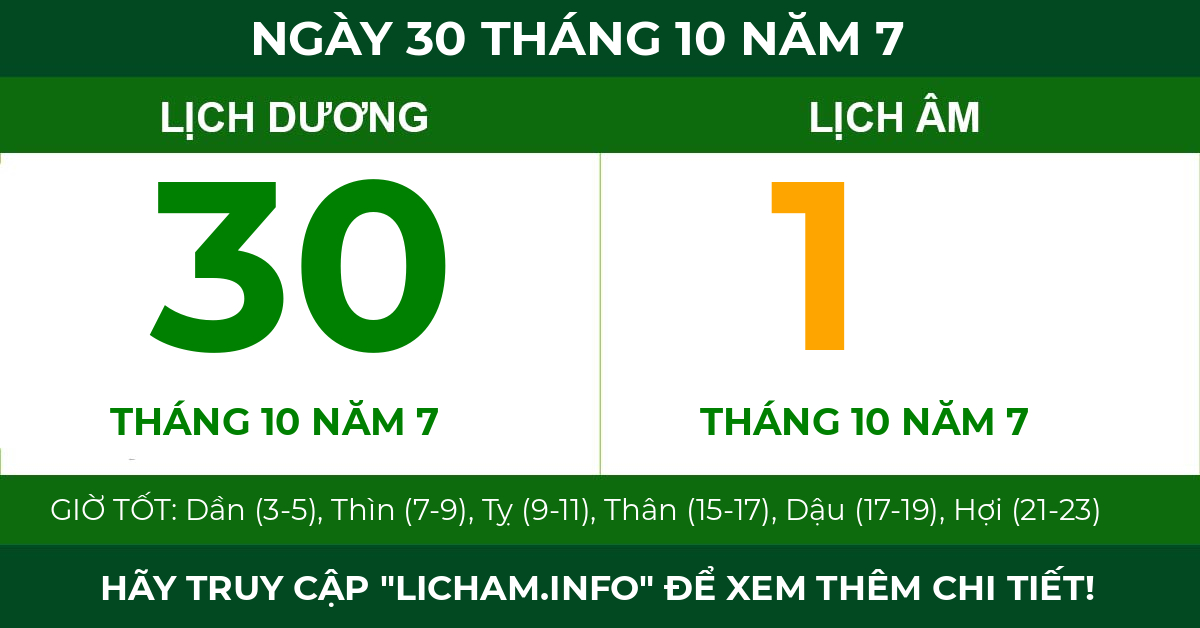 lịch âm ngày 30 tháng 10 năm 7