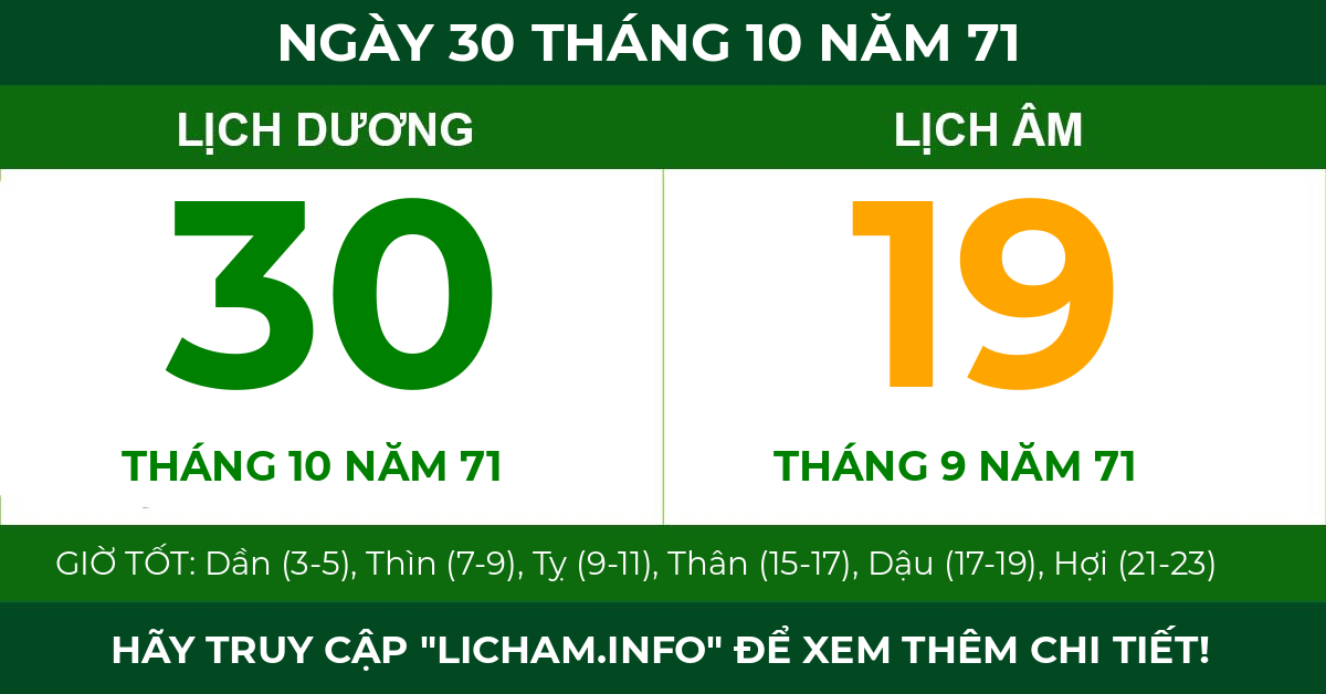 lịch âm ngày 30 tháng 10 năm 71