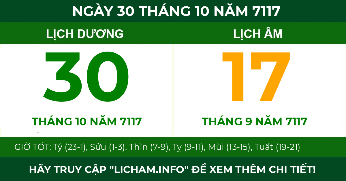 lịch âm ngày 30 tháng 10 năm 7117