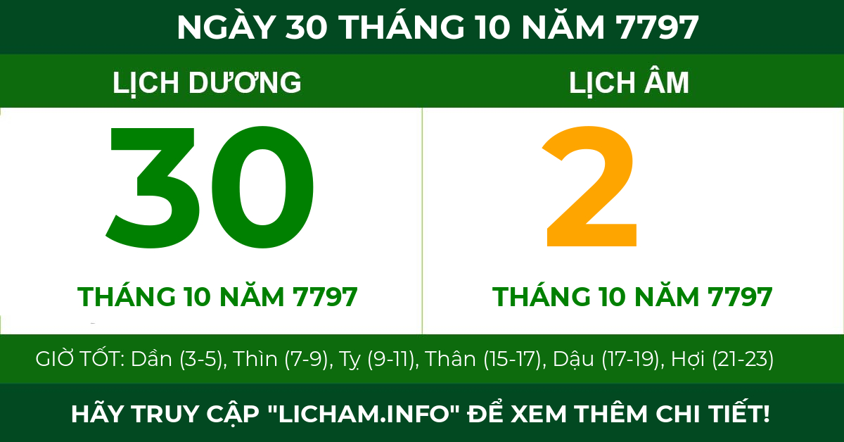 lịch âm ngày 30 tháng 10 năm 7797