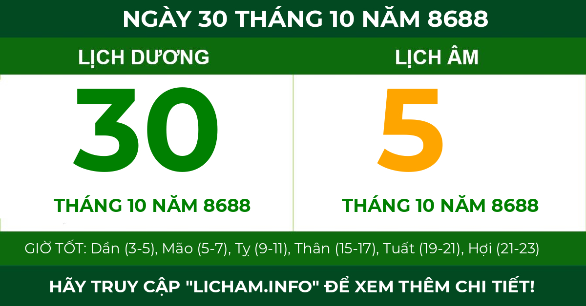 lịch âm ngày 30 tháng 10 năm 8688