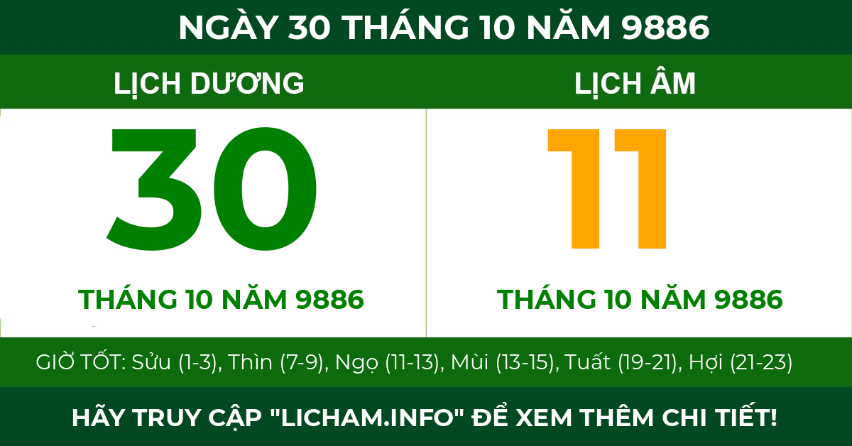 lịch âm ngày 30 tháng 10 năm 9886