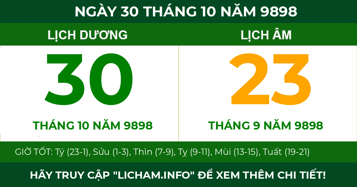 lịch âm ngày 30 tháng 10 năm 9898