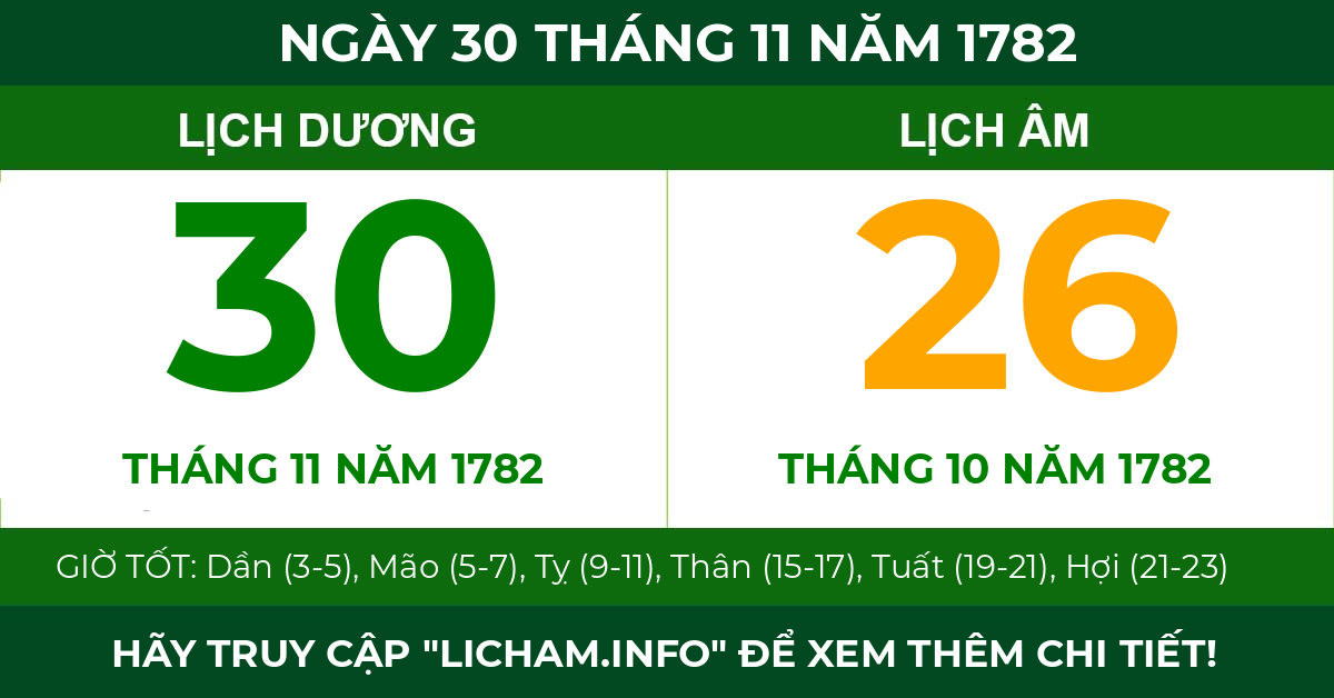 lịch âm ngày 30 tháng 11 năm 1782