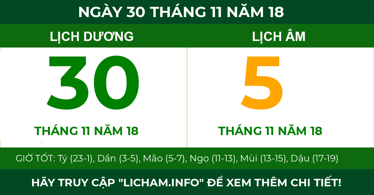 lịch âm ngày 30 tháng 11 năm 18