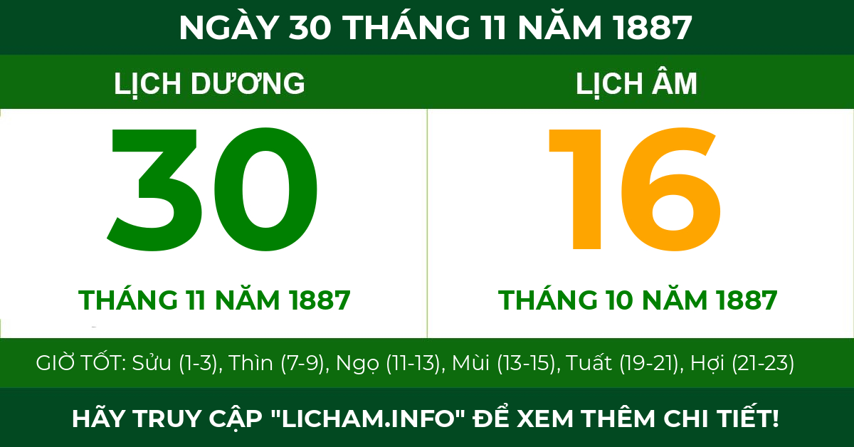 lịch âm ngày 30 tháng 11 năm 1887