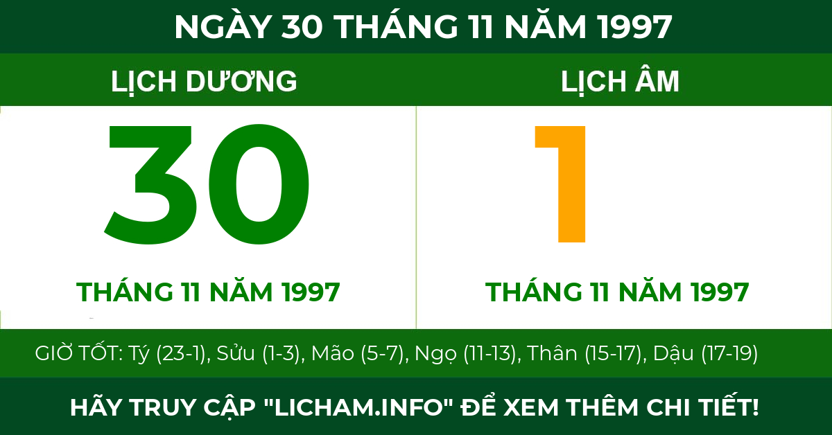 lịch âm ngày 30 tháng 11 năm 1997