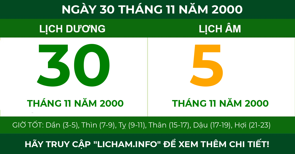 lịch âm ngày 30 tháng 11 năm 2000
