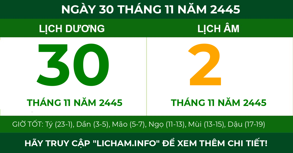 lịch âm ngày 30 tháng 11 năm 2445