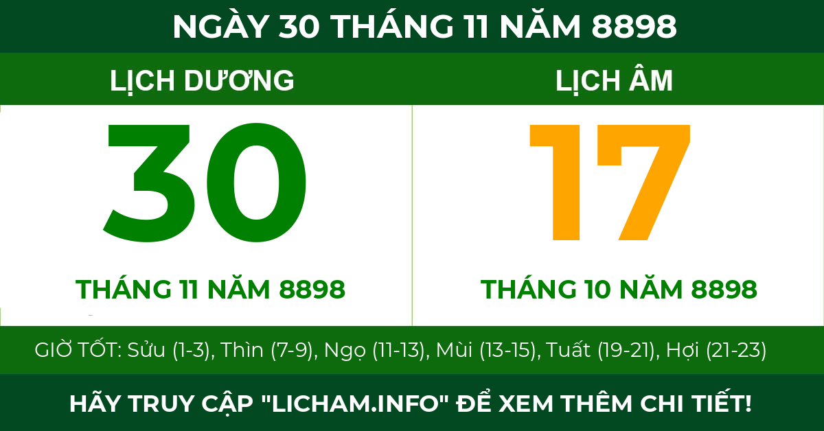 lịch âm ngày 30 tháng 11 năm 8898
