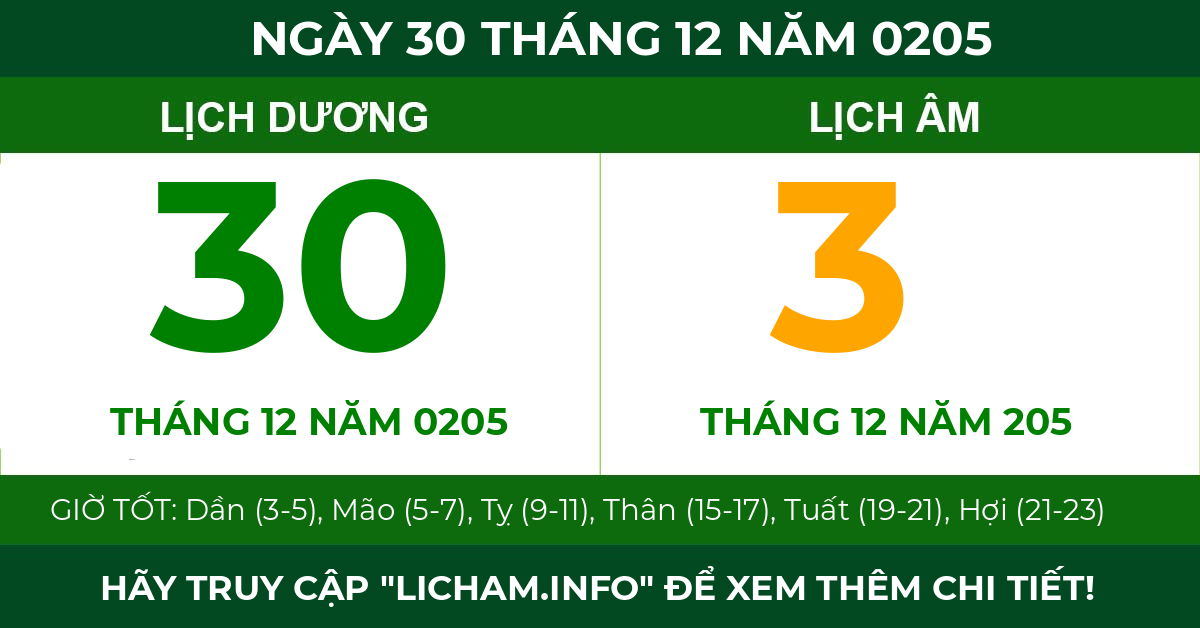 lịch âm ngày 30 tháng 12 năm 0205