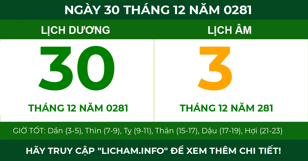 lịch âm ngày 30 tháng 12 năm 0281