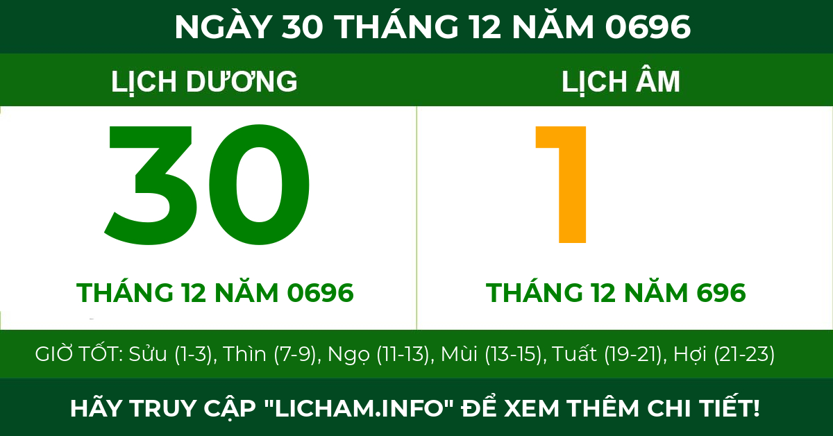 lịch âm ngày 30 tháng 12 năm 0696
