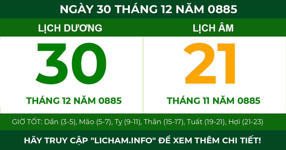 lịch âm ngày 30 tháng 12 năm 0885