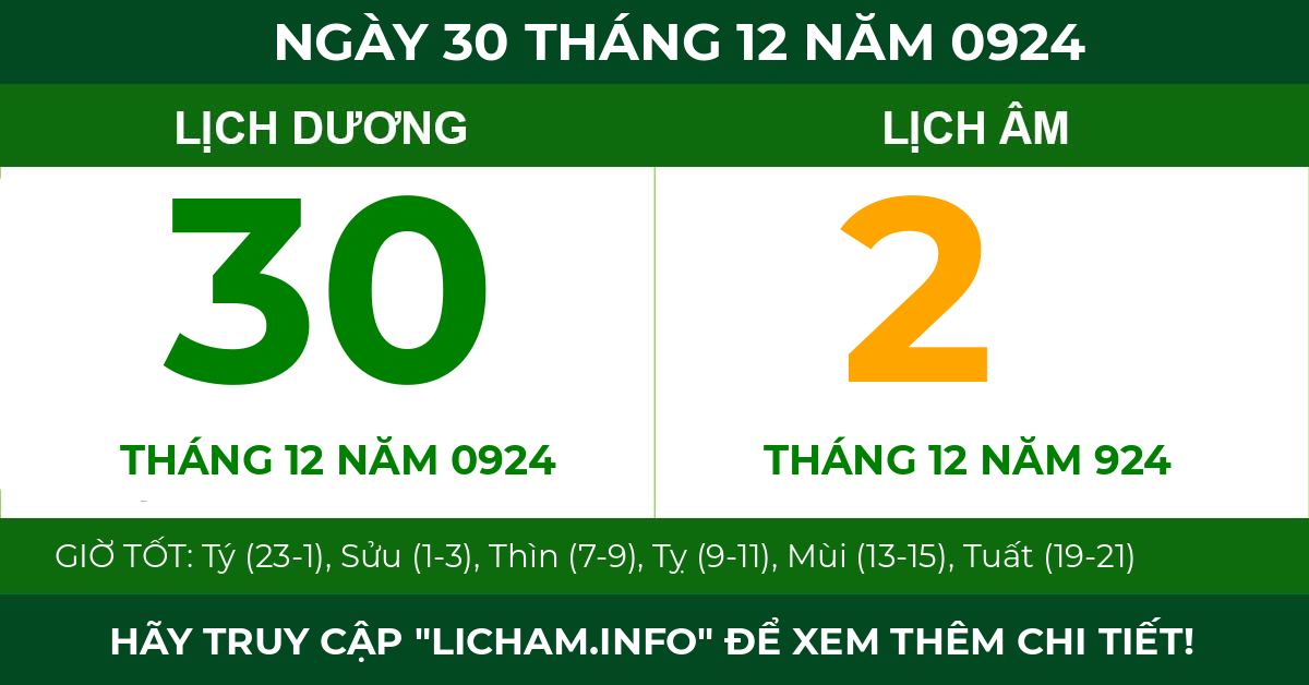 lịch âm ngày 30 tháng 12 năm 0924