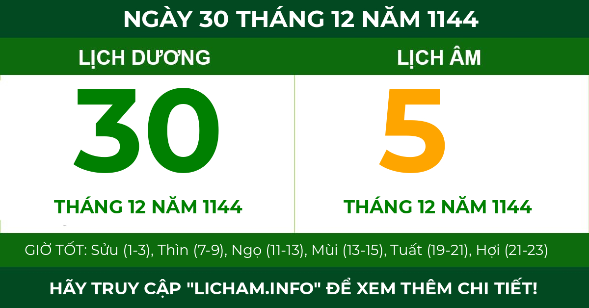 lịch âm ngày 30 tháng 12 năm 1144