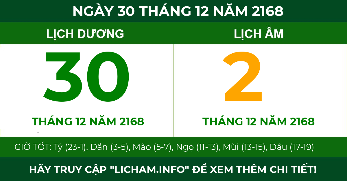 lịch âm ngày 30 tháng 12 năm 2168