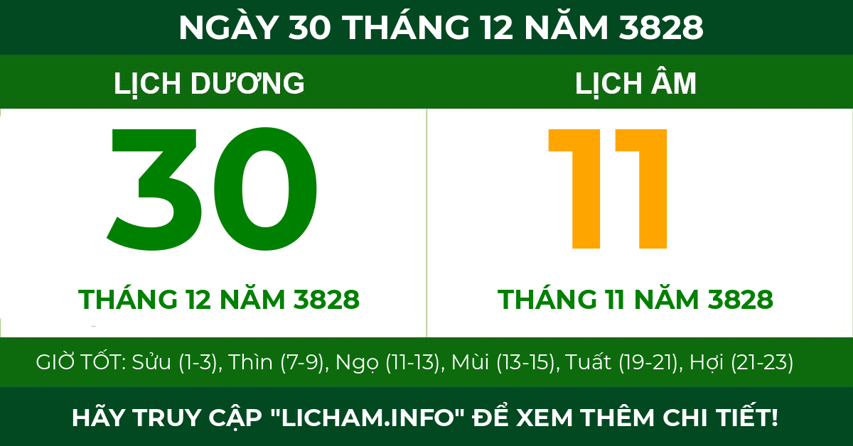 lịch âm ngày 30 tháng 12 năm 3828
