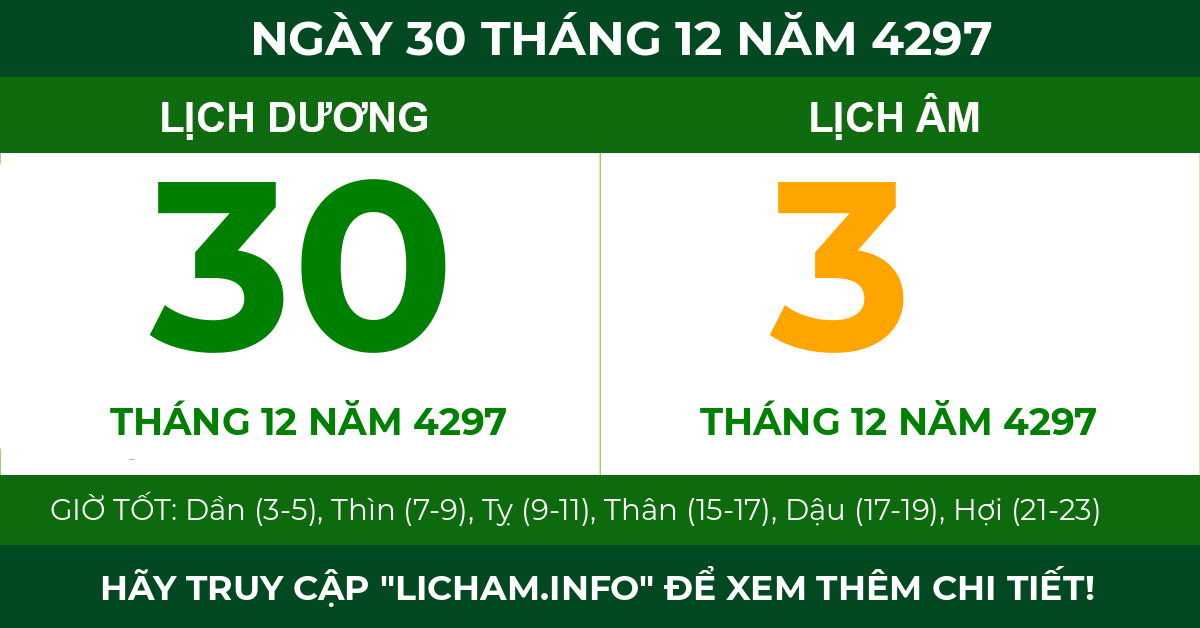 lịch âm ngày 30 tháng 12 năm 4297