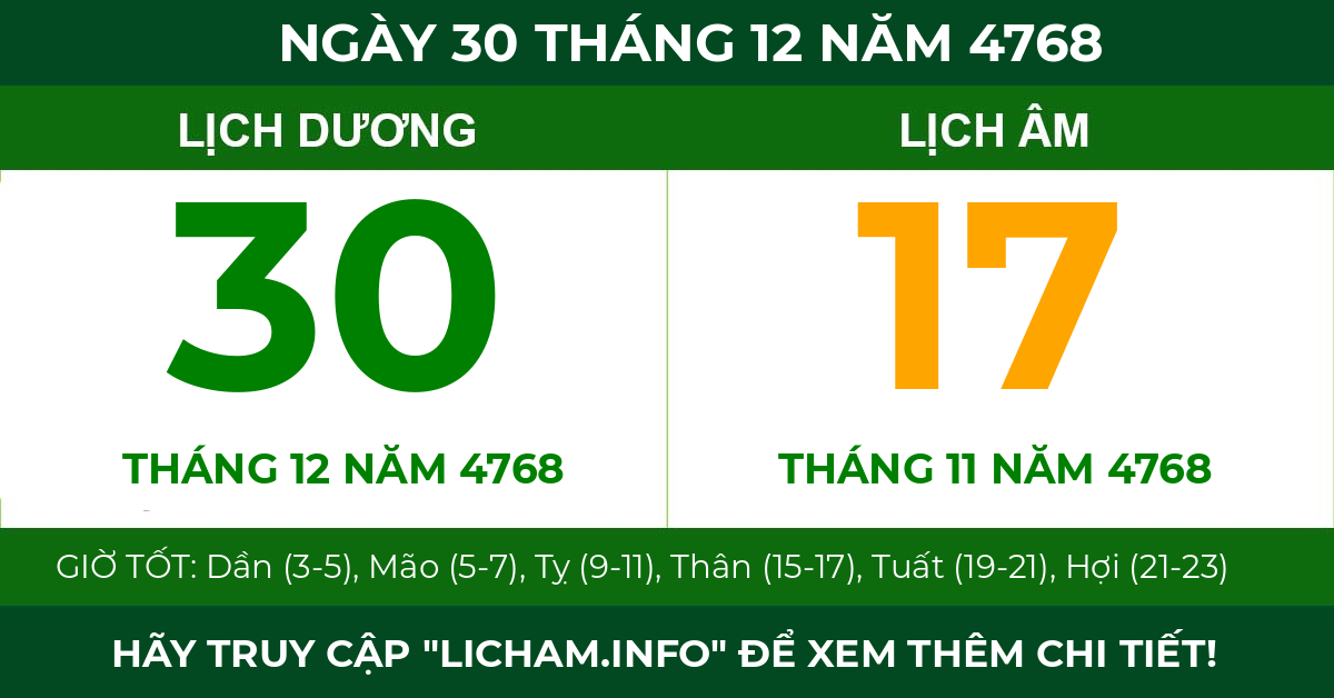 lịch âm ngày 30 tháng 12 năm 4768