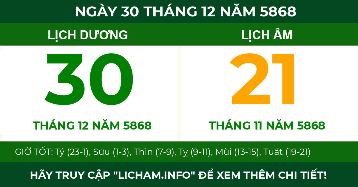 lịch âm ngày 30 tháng 12 năm 5868