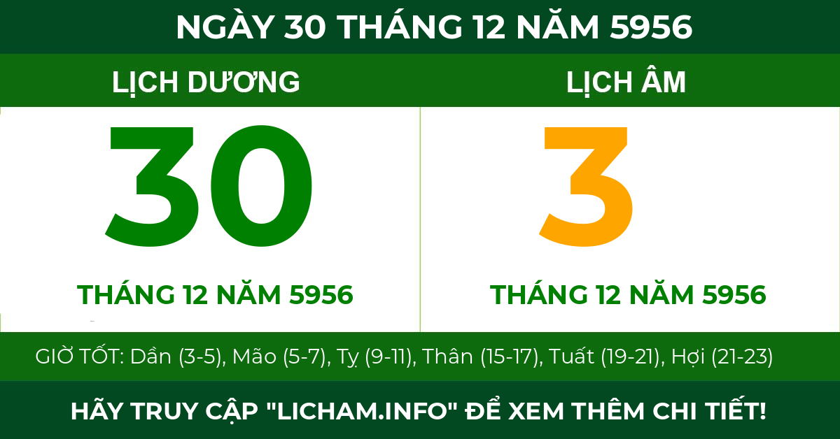 lịch âm ngày 30 tháng 12 năm 5956