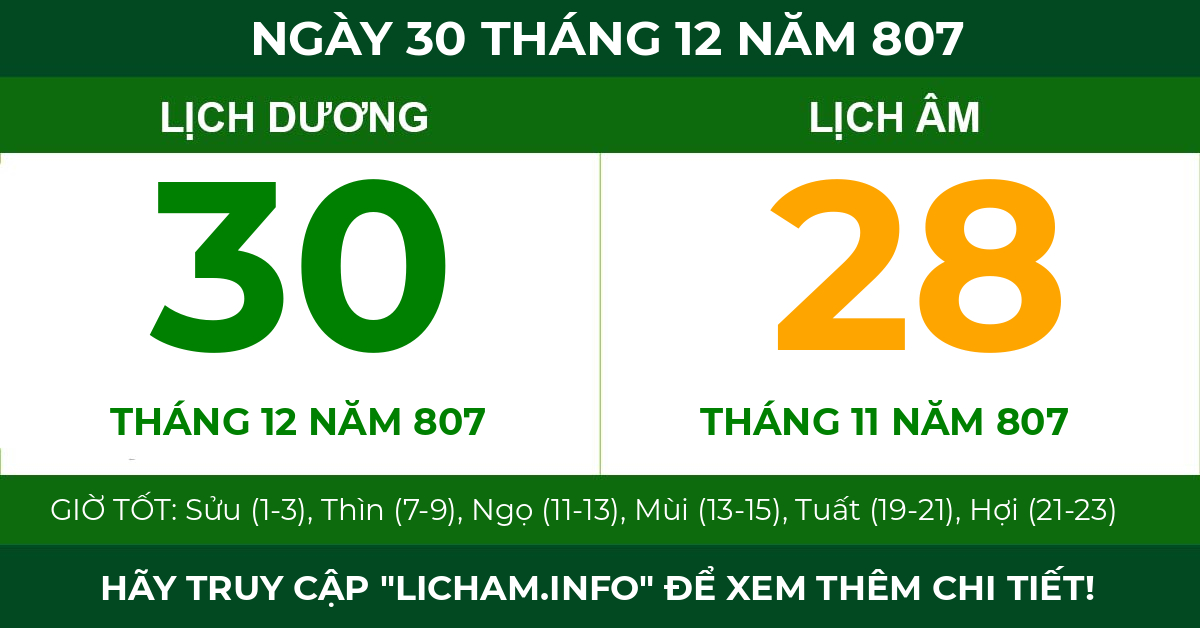 lịch âm ngày 30 tháng 12 năm 807